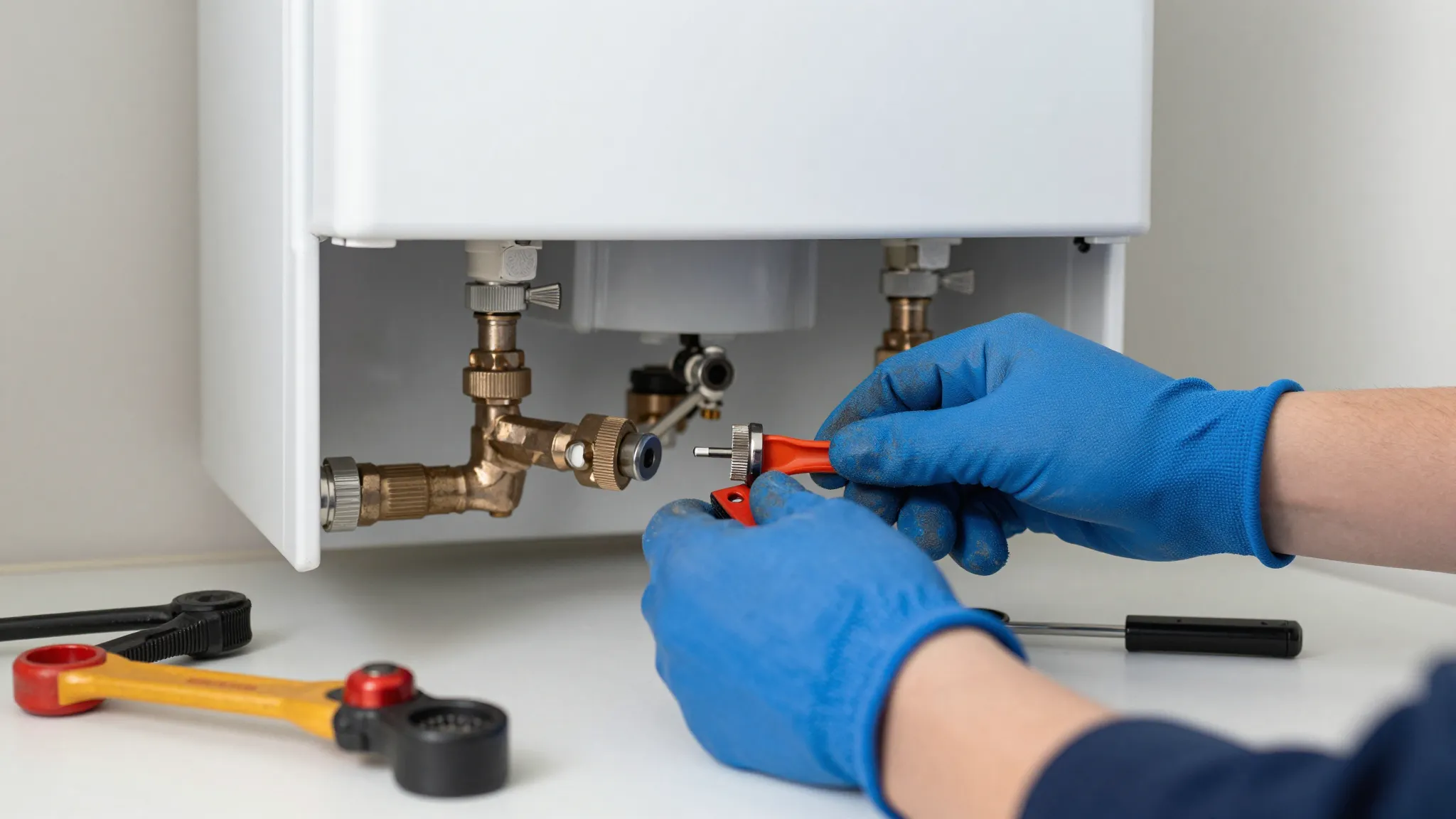 A close-up of a professional repairman's hands fixing a gas ...