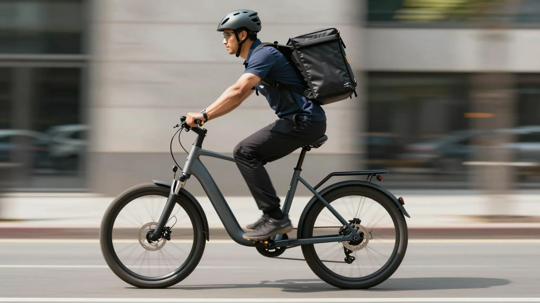 A professional courier on a modern electric bike with a larg...