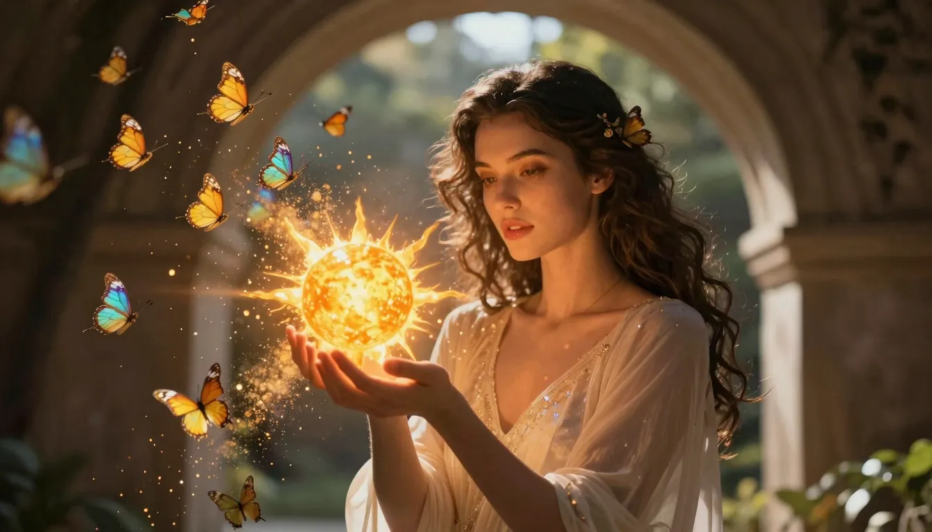 A beautiful woman emerging from a portal of pure sunlight, h...