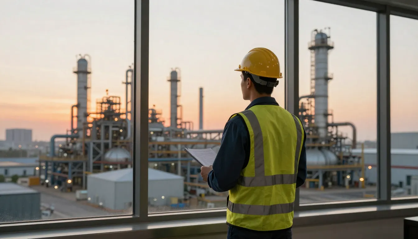A visionary engineer standing in front of a large window ove...