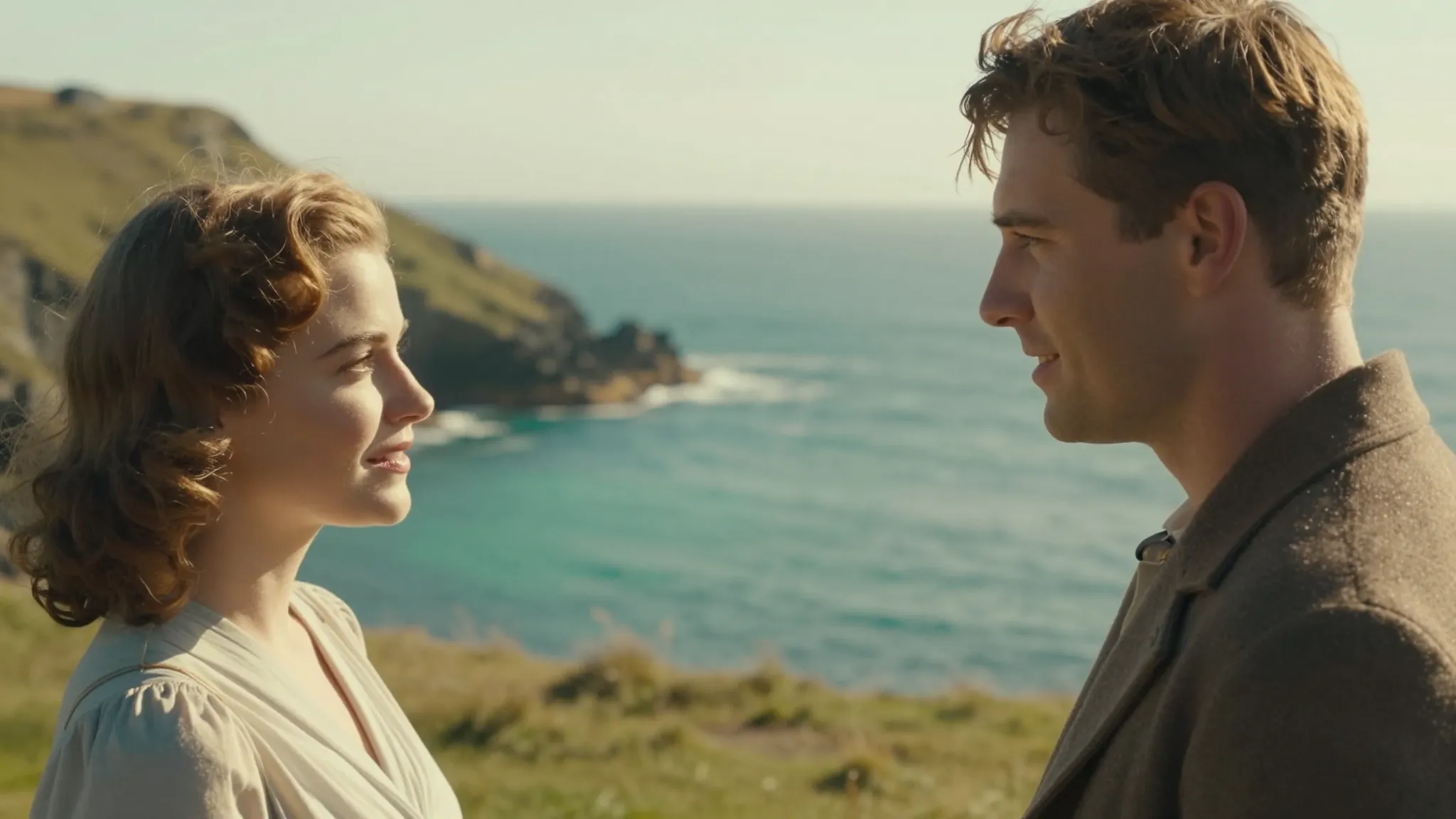A romantic 1930s scene on a sun-drenched Cornish cliffside. ...