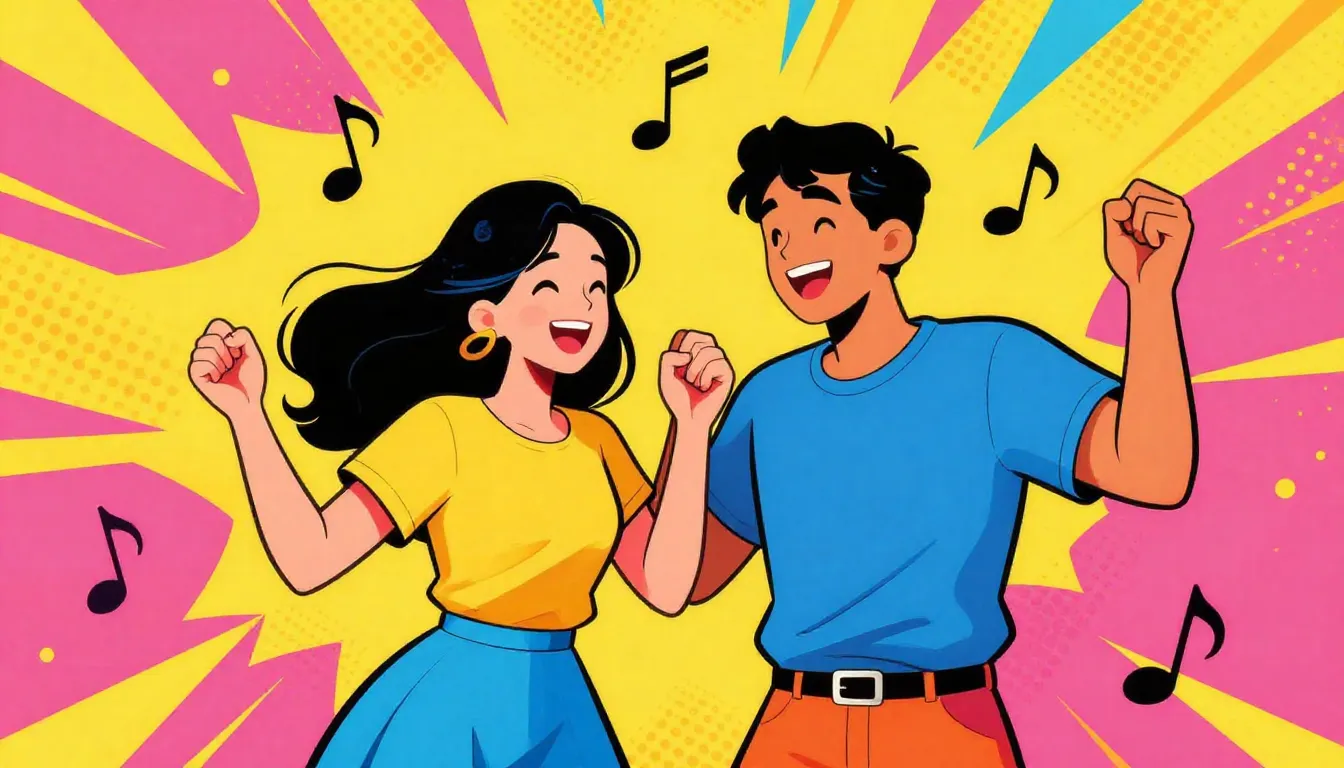 Vibrant pop-art style illustration of a happy couple celebra...