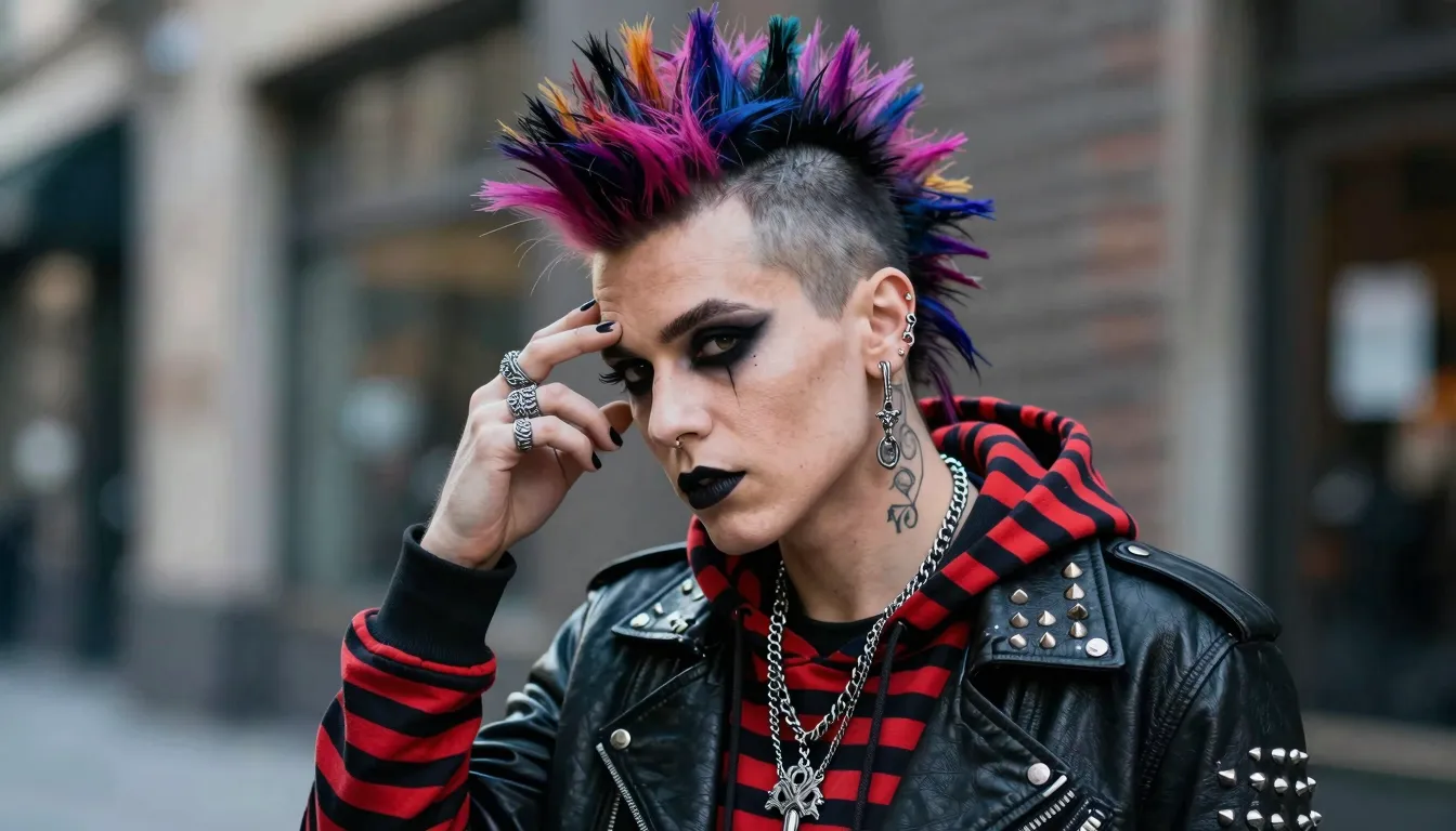 A portrait of a person combining multiple subcultures: a col...