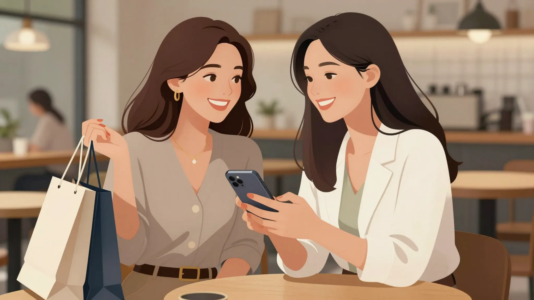 Two stylish women laughing together in a bright cafe, one ho...