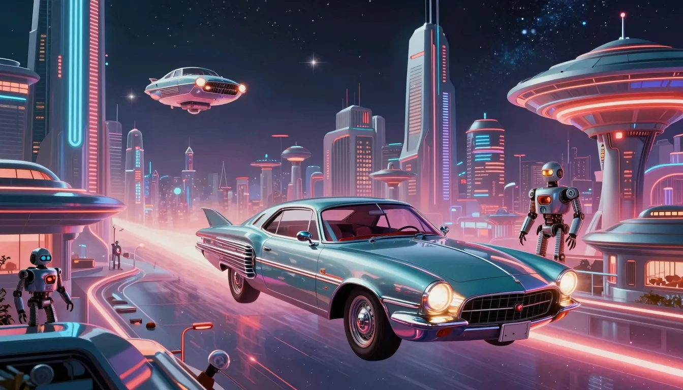 Retrofuturistic city landscape, 1960s sci-fi style, flying c...