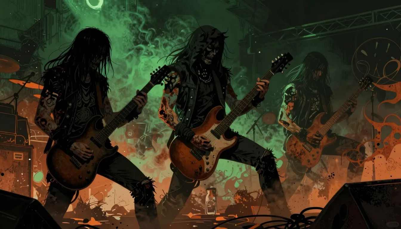 Dark aesthetic illustration of a heavy metal concert, distor...