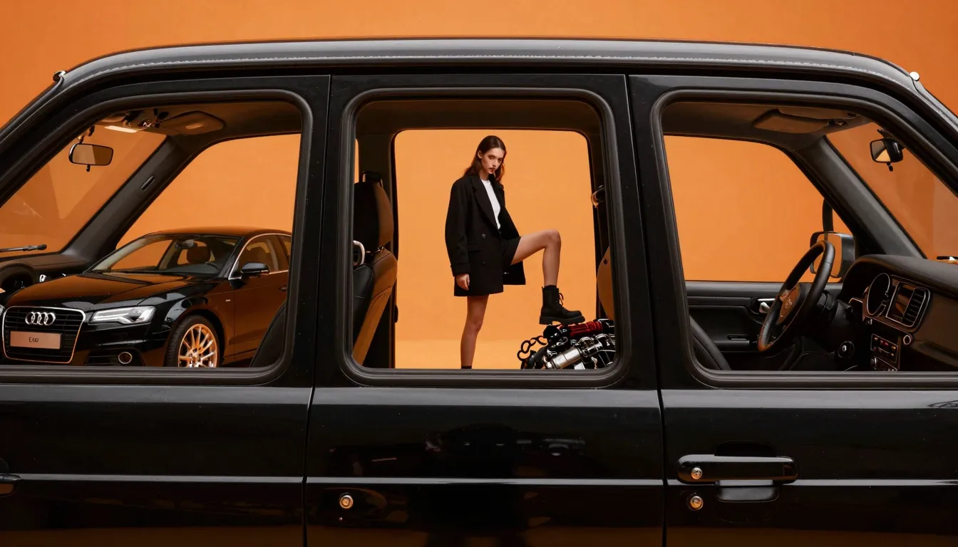 A black Audi car, seen from the front, with three rectangula...