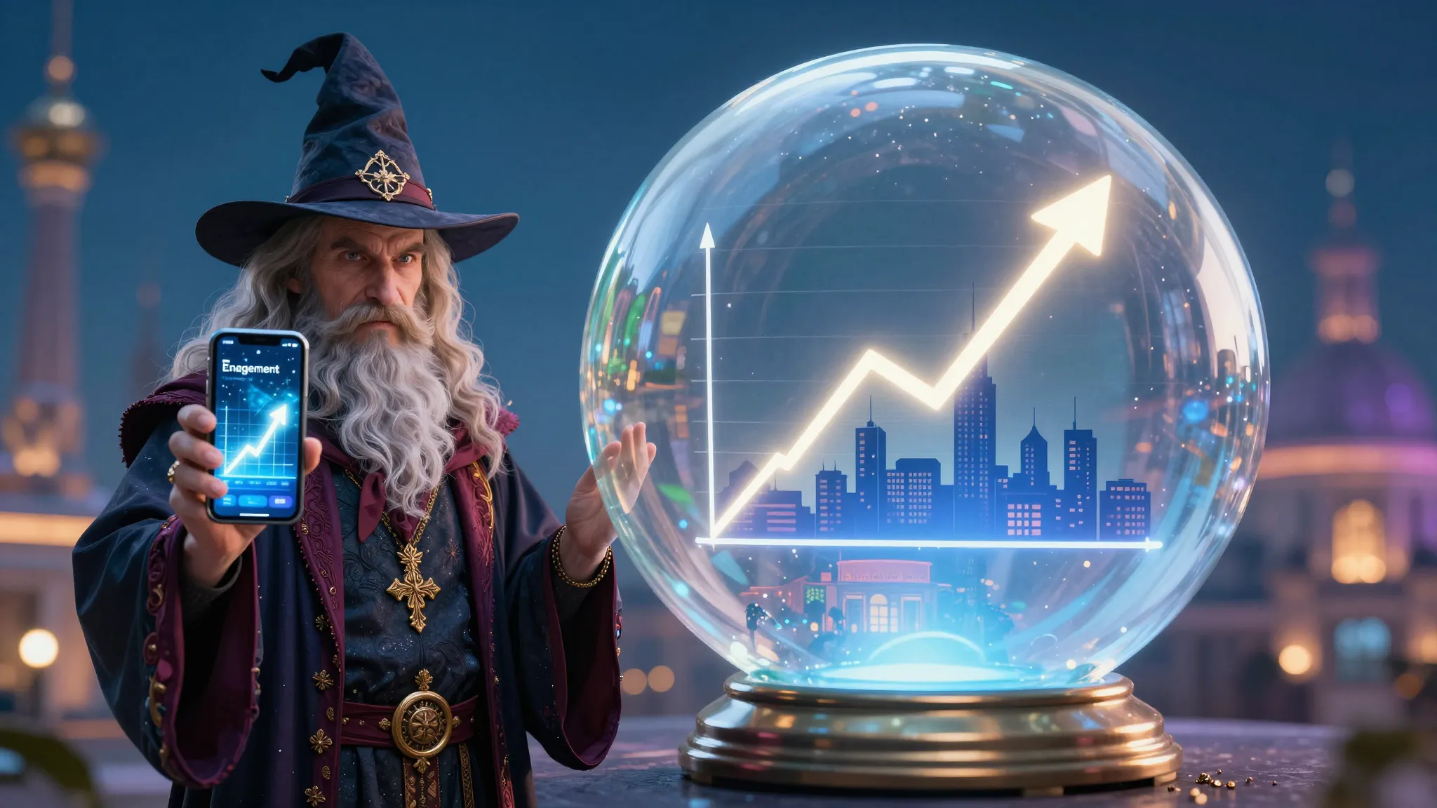 A stylish wizard holding a glowing smartphone showing a risi...