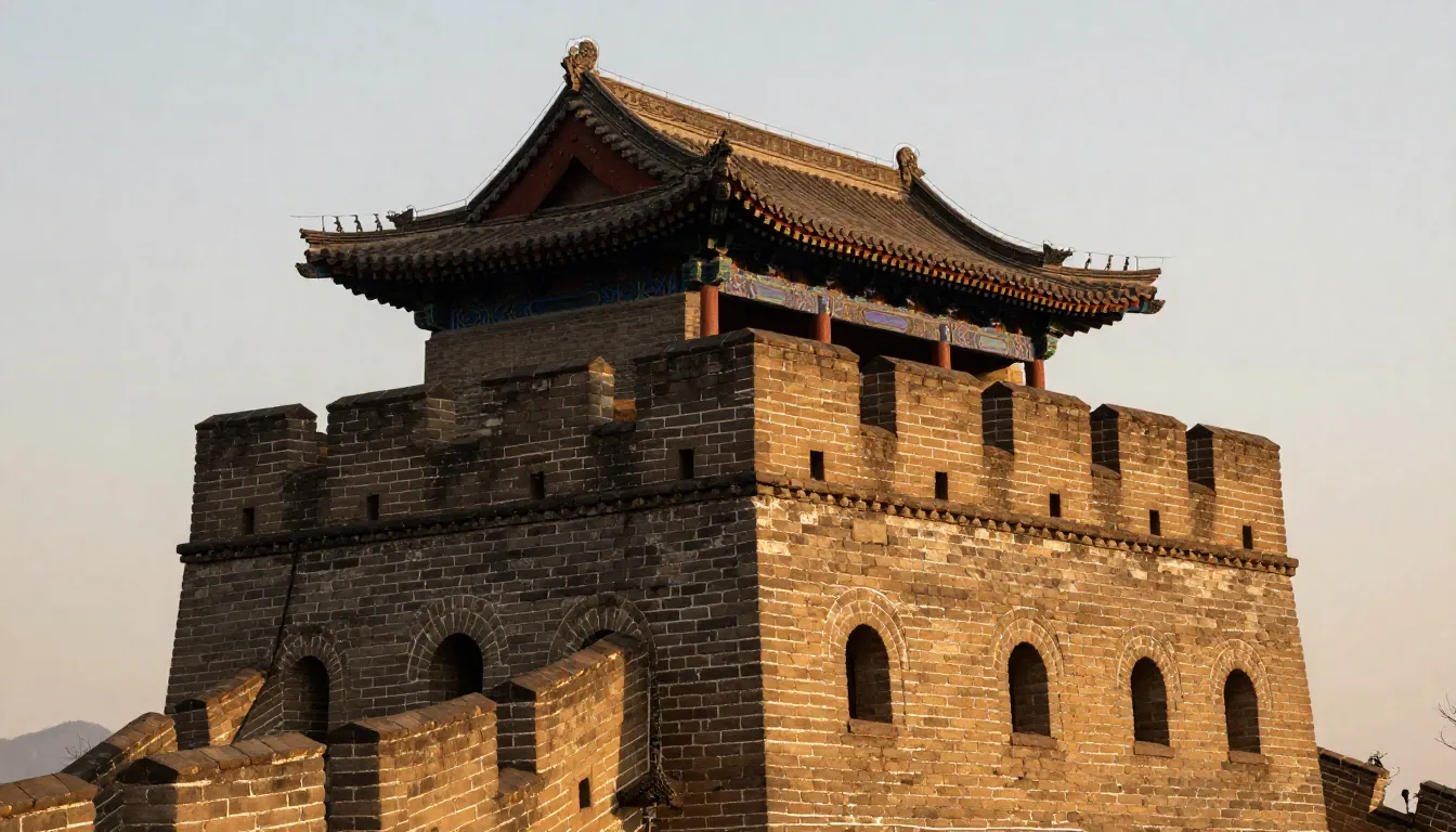 Detailed close-up of an ancient Chinese watchtower on the Gr...
