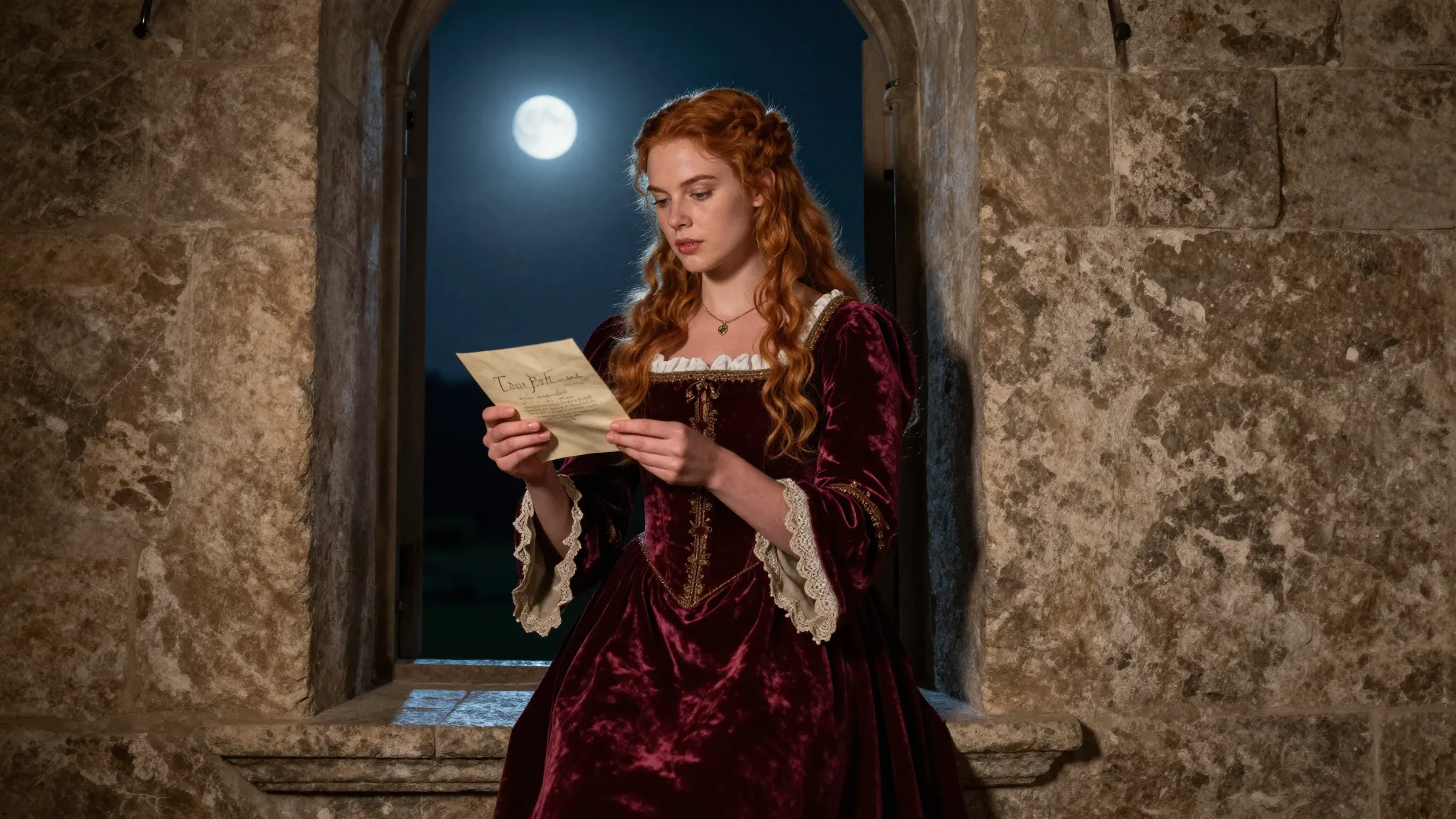 A beautiful young woman with long reddish-gold hair in a med...