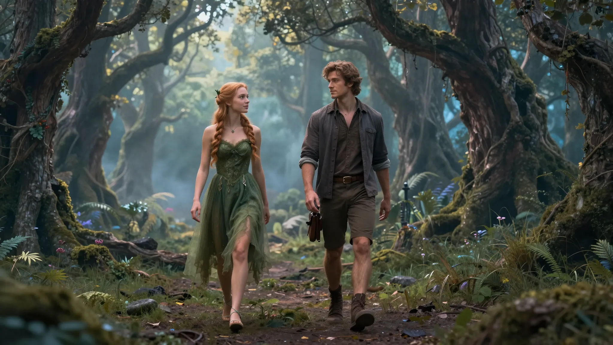 Full body shot of a fairy tale character and a human man wal...