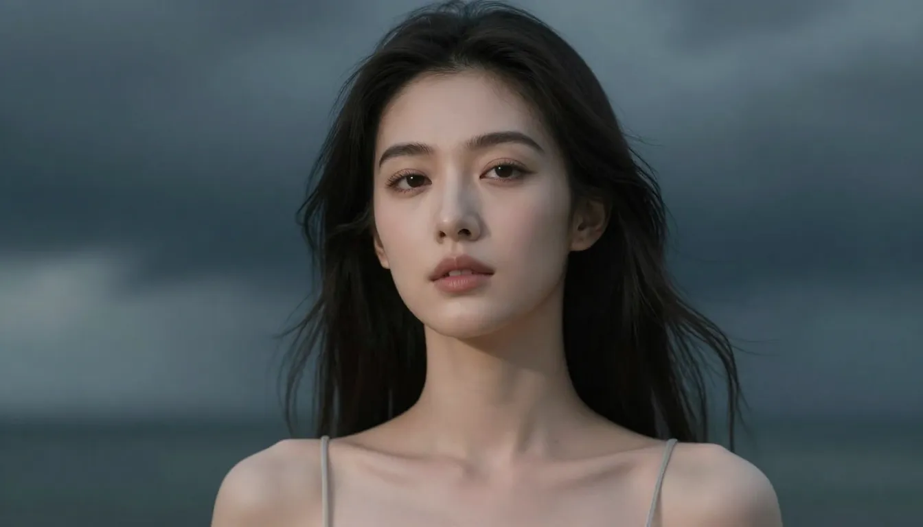 A slender elegant woman with a calm expression, soft lightin...