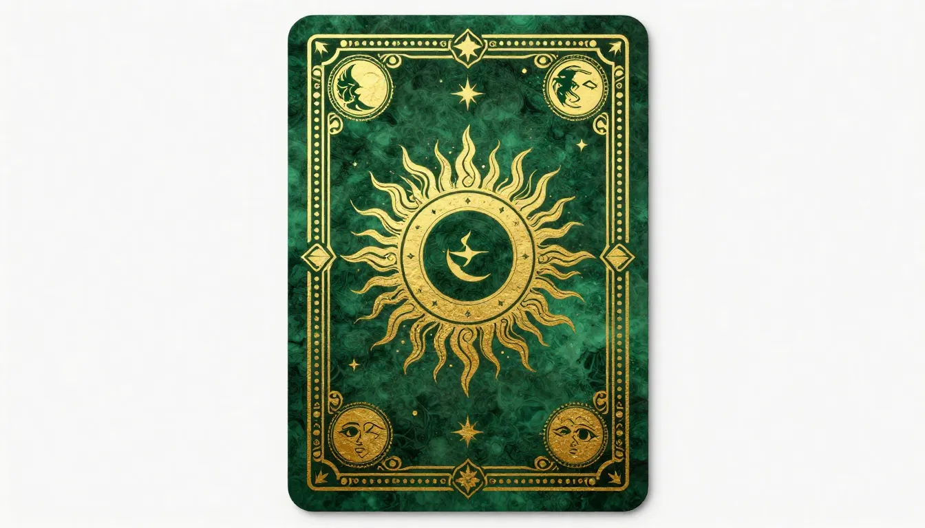 A beautiful symmetrical tarot card back design, intricate go...
