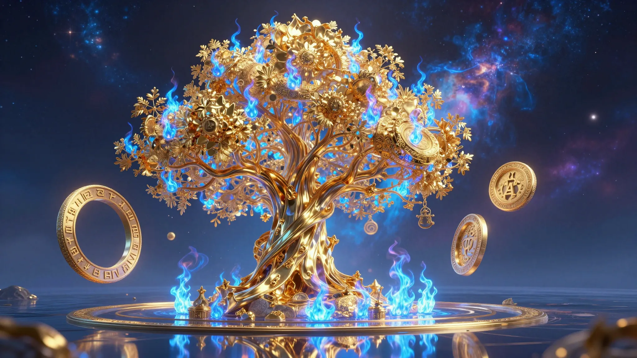Magnificent 3D magical tree made of liquid gold and blue fir...