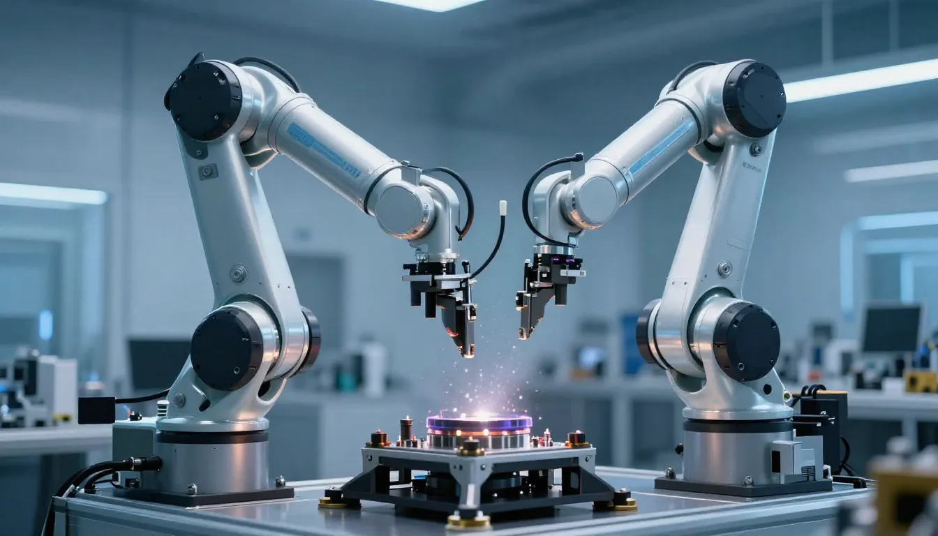 Modern industrial robotic arm assembling a high-tech compone...