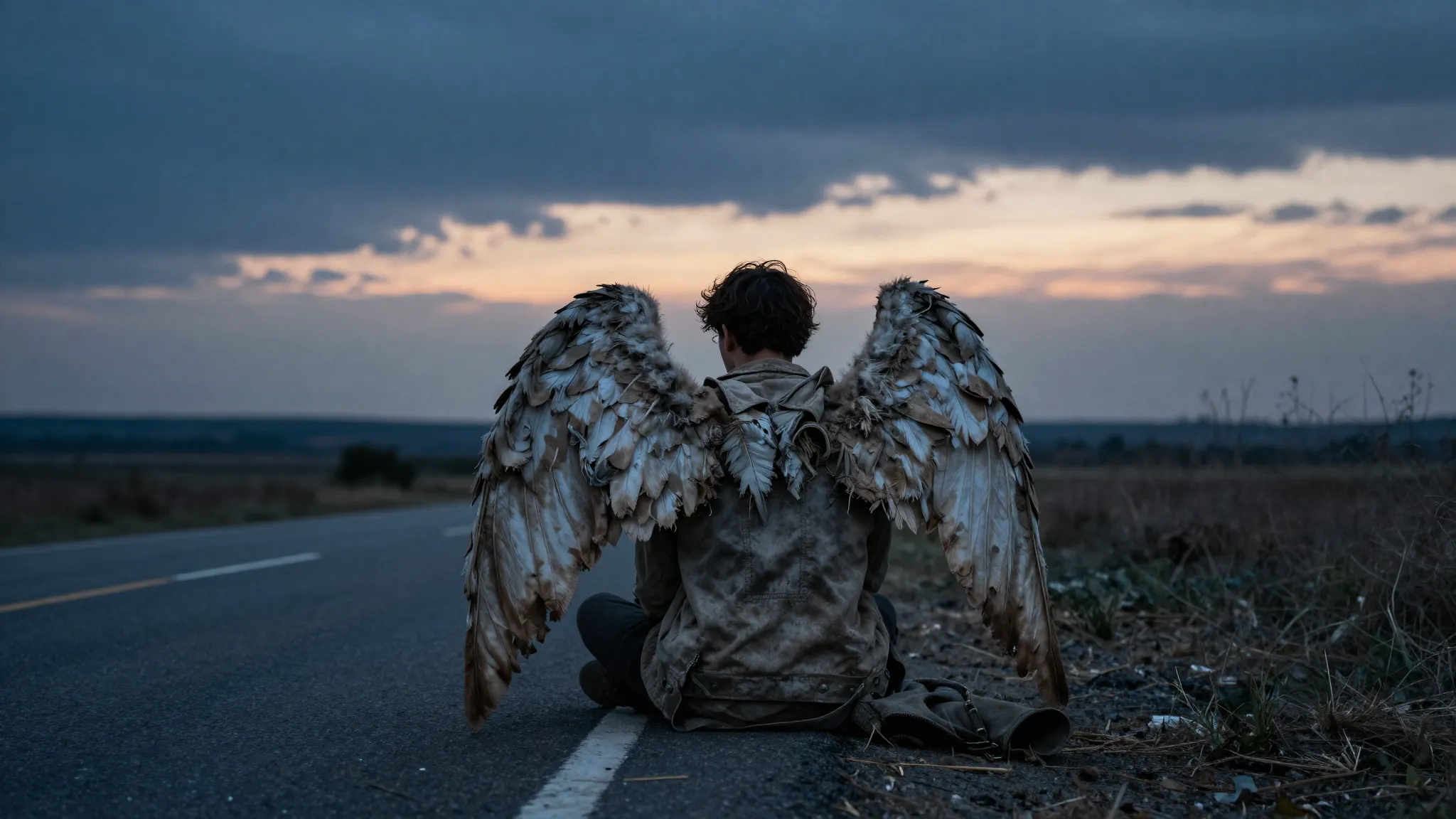 A weary angel with tattered, dusty wings sitting on the grou...
