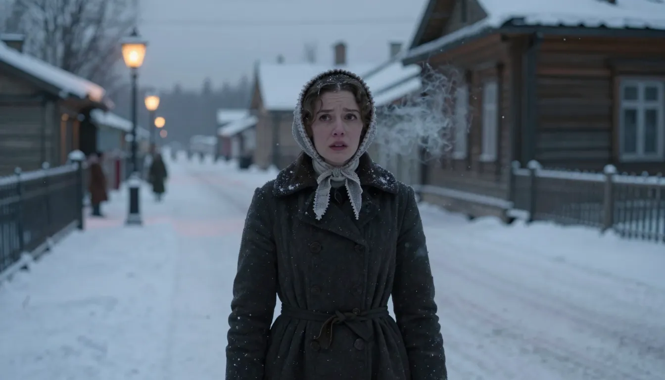 A young woman in a 19th-century winter coat and a bonnet sta...