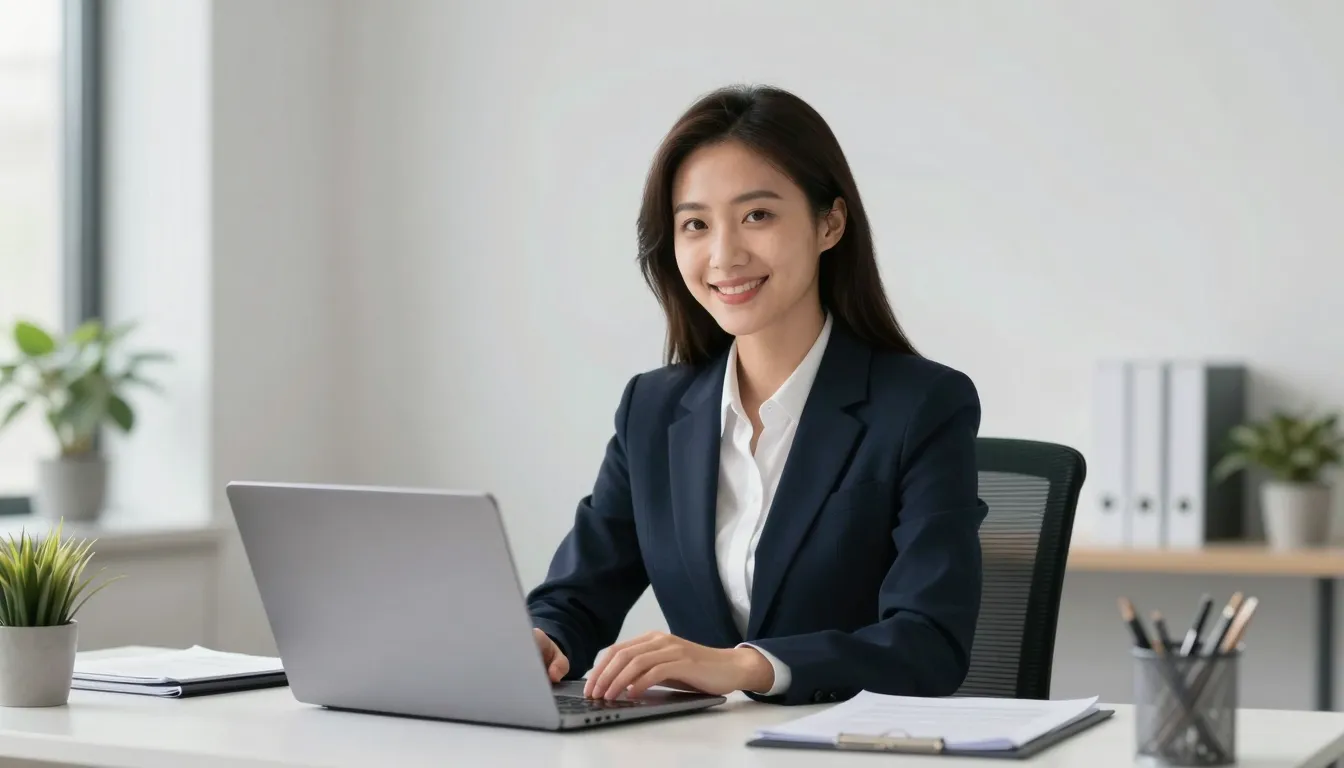 A friendly female AI assistant sitting at a clean modern des...