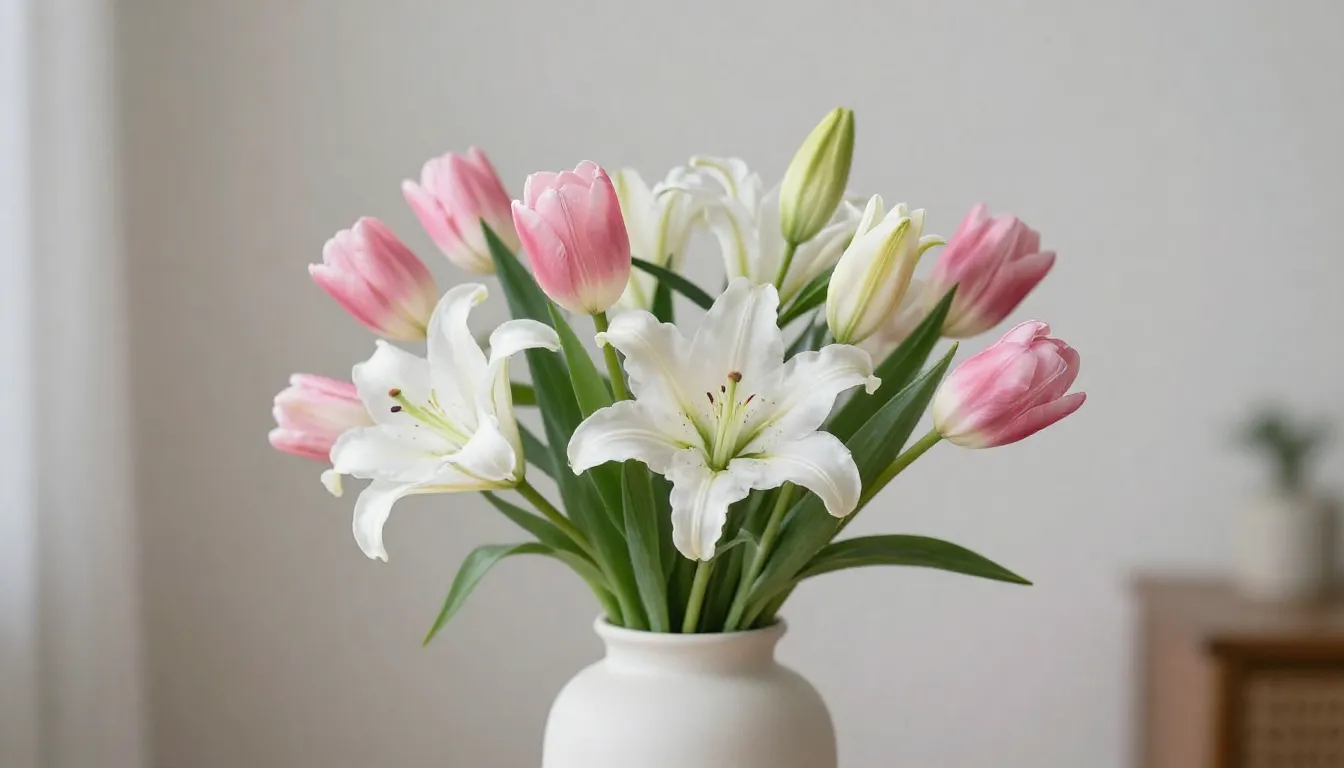 A delicate bouquet of pink tulips and white lilies in a styl...