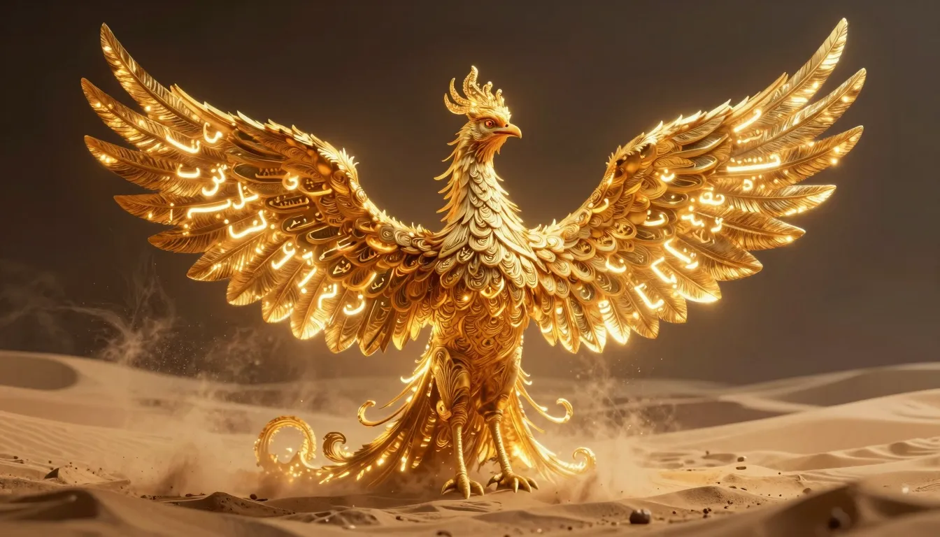 A majestic phoenix rising from a sea of golden sand, its win...