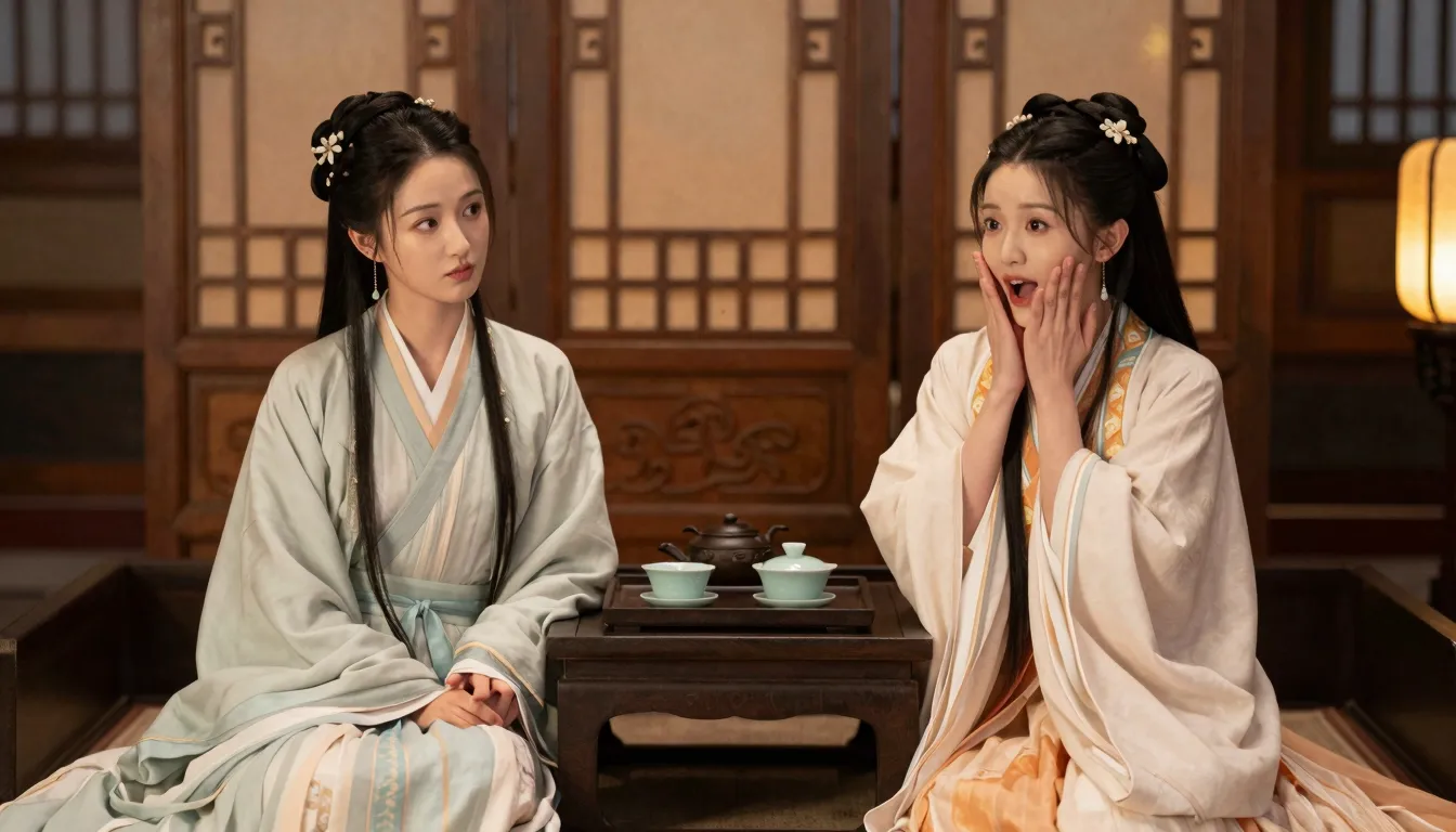 Two young women in ancient Chinese Hanfu sitting in a tradit...