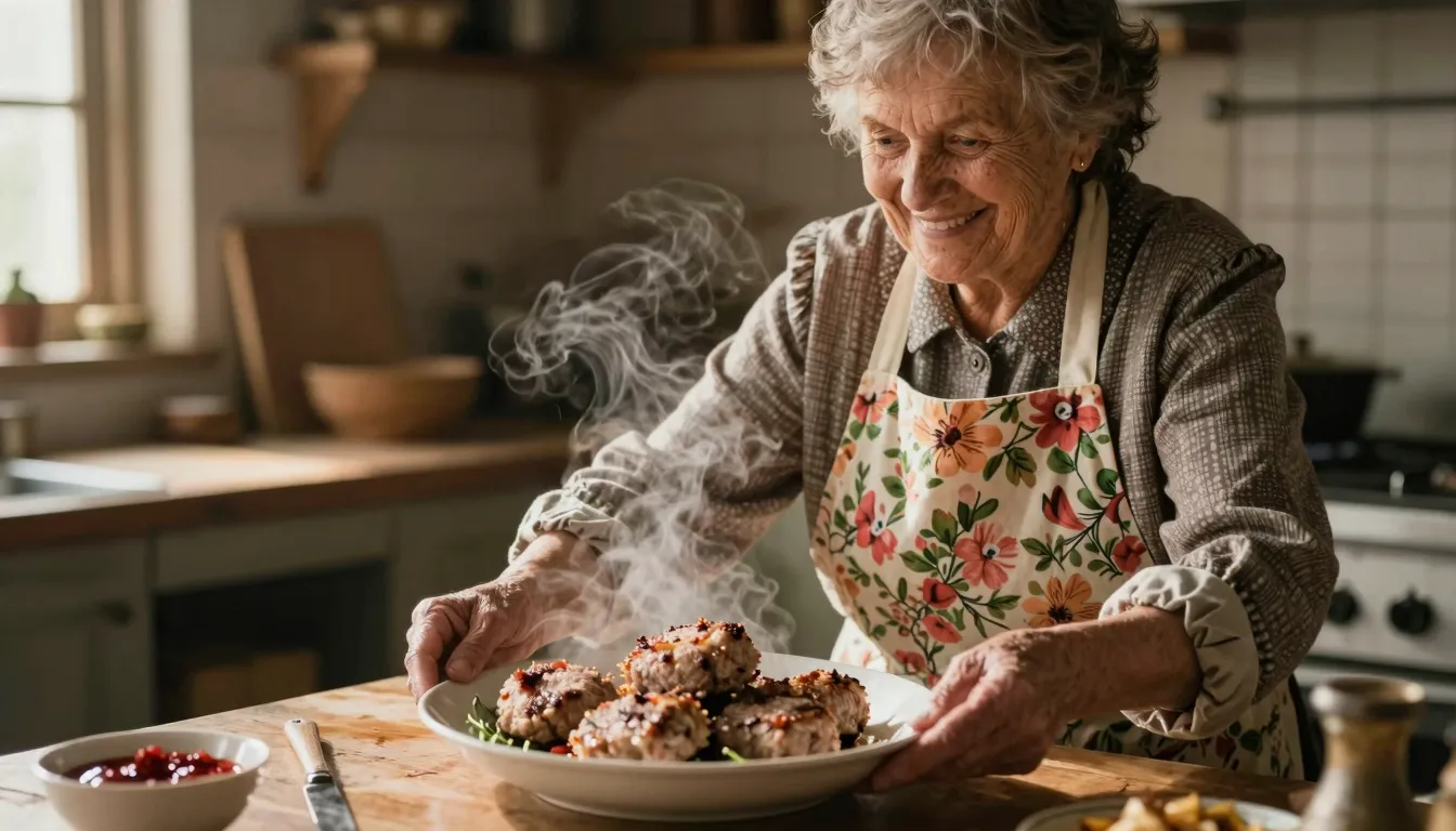 A happy grandmother in a floral apron presenting a dish of s...