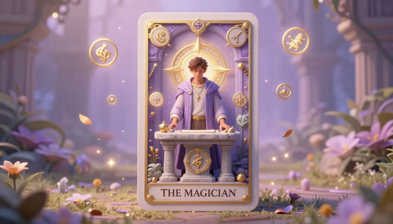 A 3D volumetric fantasy tarot card 'THE MAGICIAN' with extre...