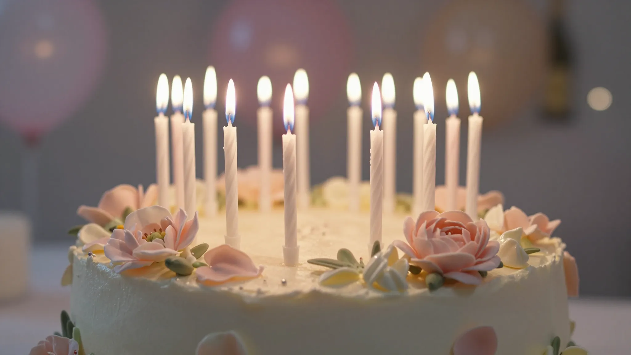 A celebratory birthday cake with 23 candles, elegant floral ...
