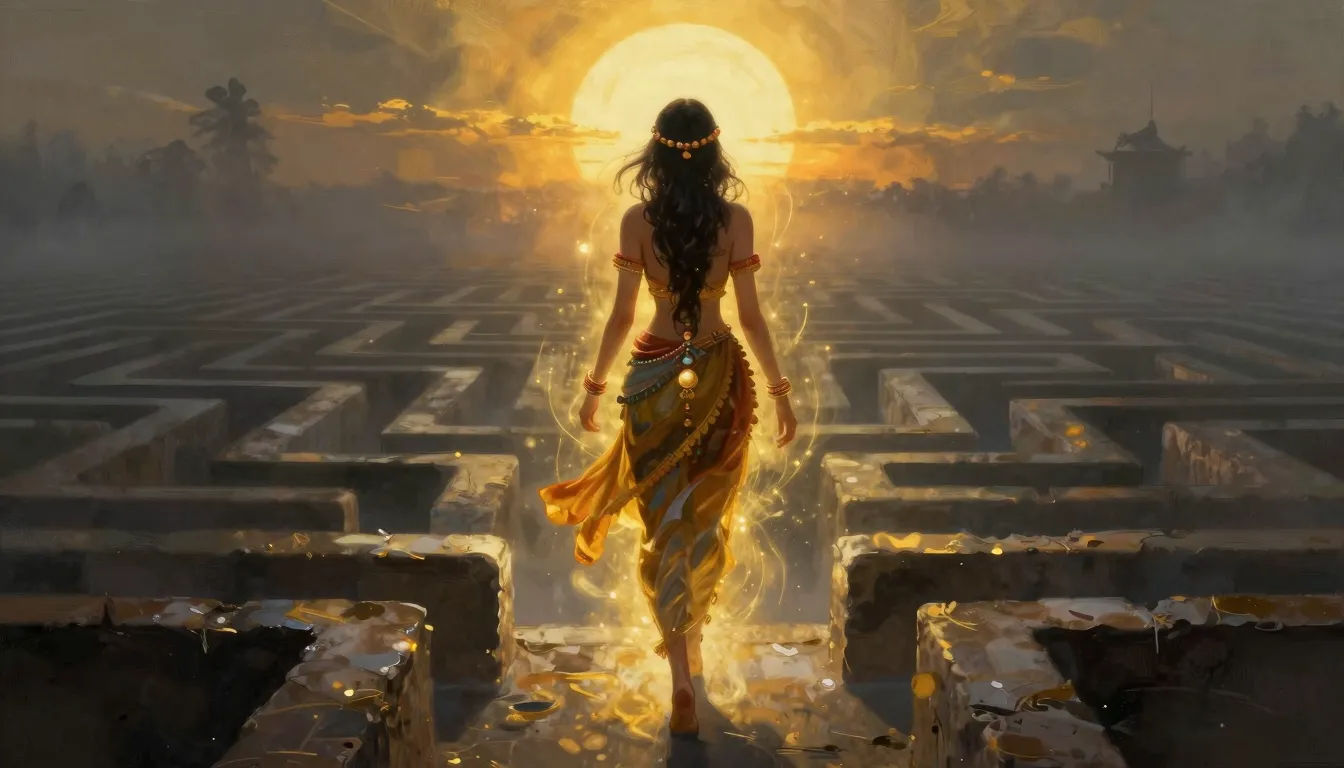 A majestic woman walking away from a dark misty labyrinth to...