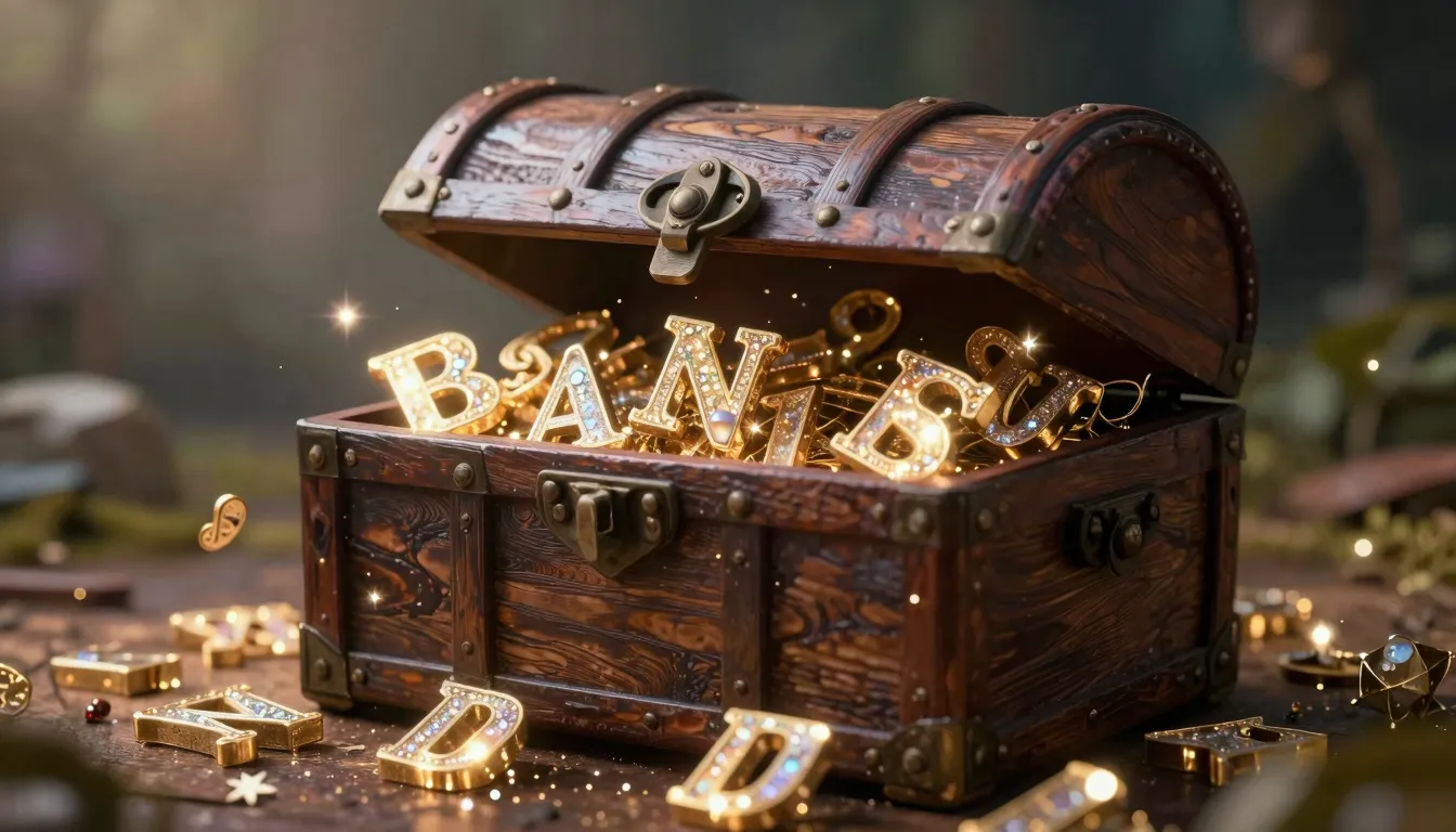 A treasure chest overflowing with glowing, sparkling letters...