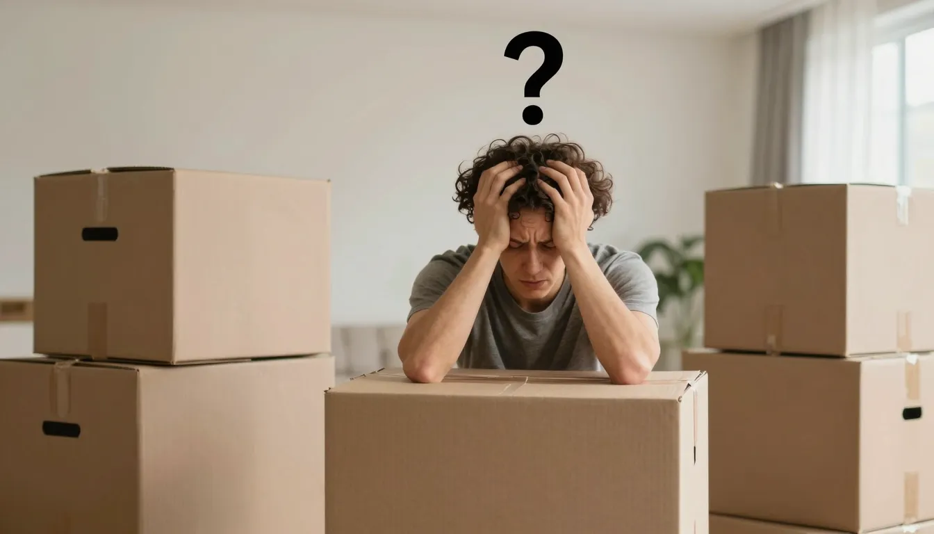 A person looking overwhelmed by many moving boxes in an apar...