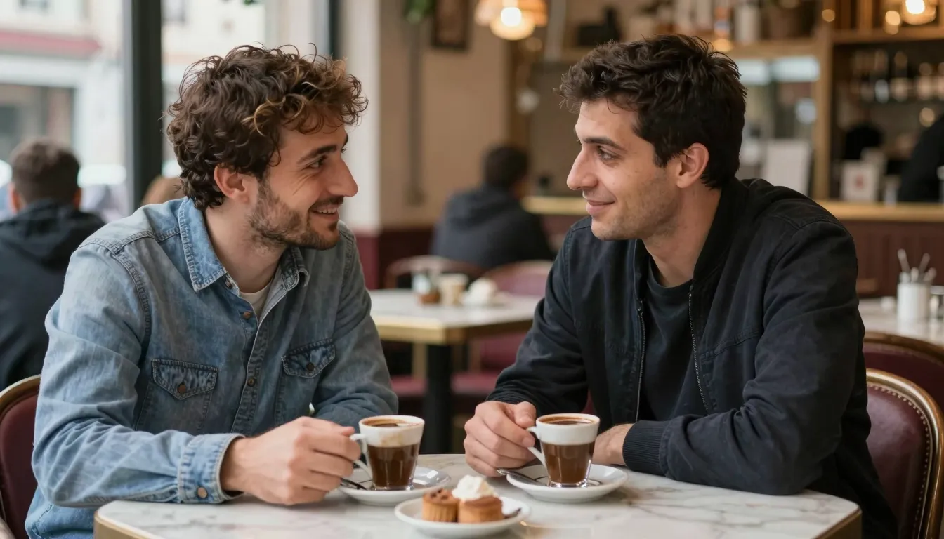 Two people having a friendly conversation in a traditional I...