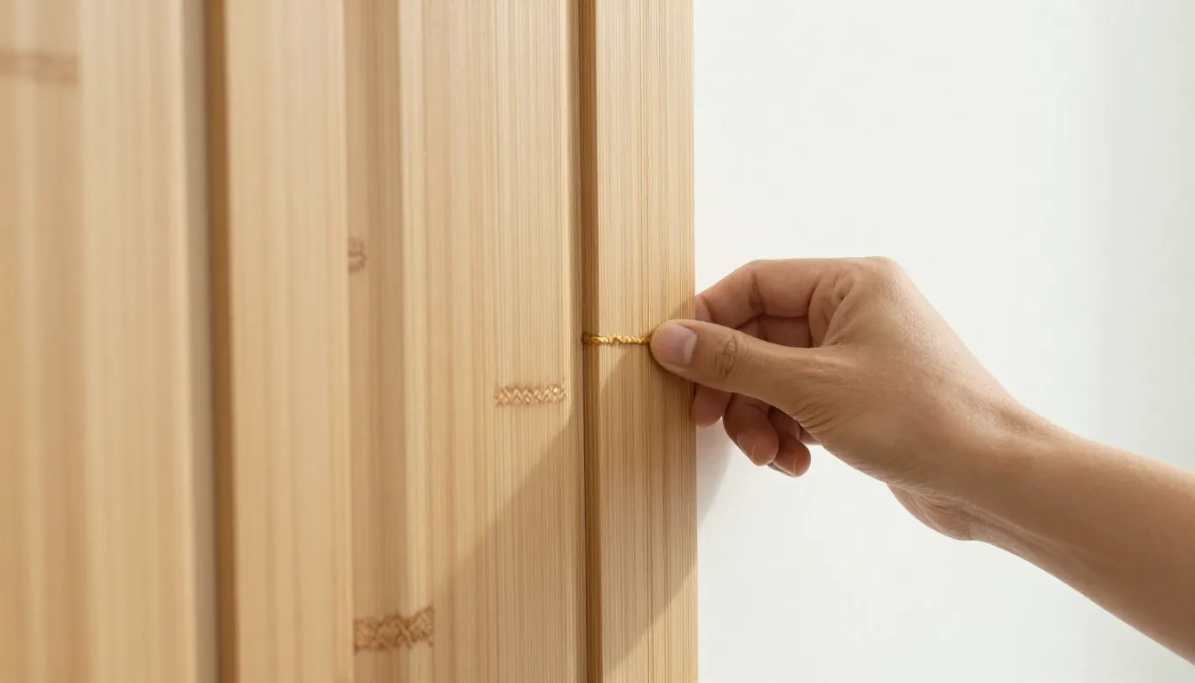 Close-up of a hand snapping a sustainable bamboo panel onto ...