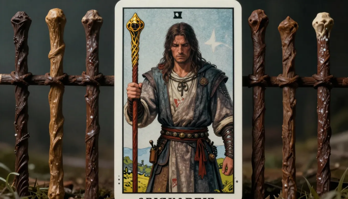 Hyper-realistic Nine of Wands tarot card, a weary but determ...