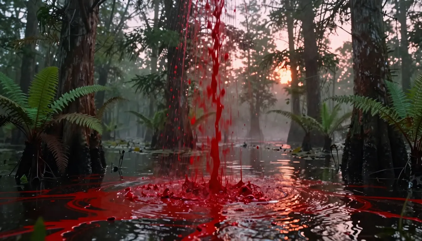 Cinematic wide shot of a misty swamp. A deluge of opaque red...
