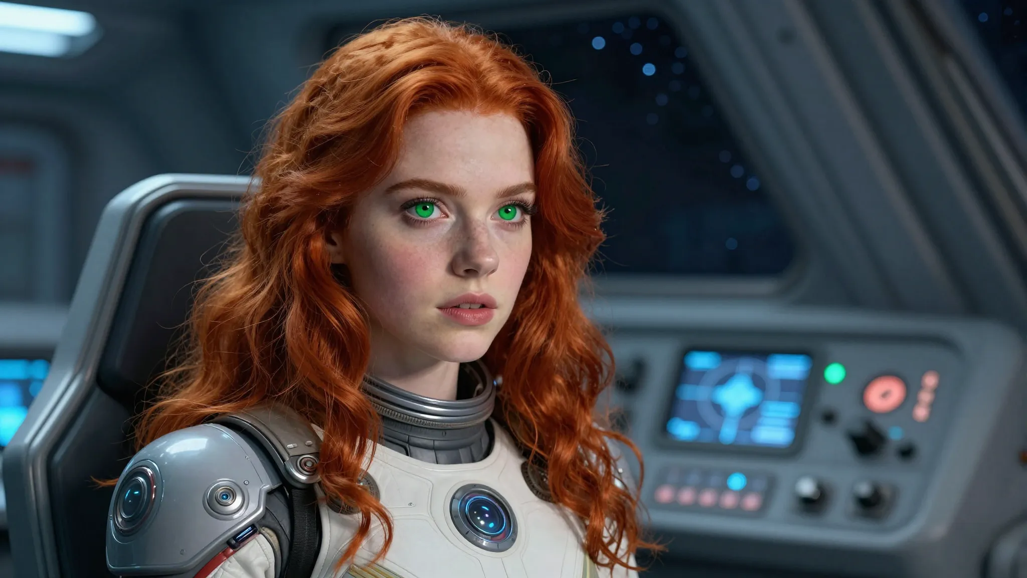 Cinematic portrait of a beautiful redhead girl with bright g...