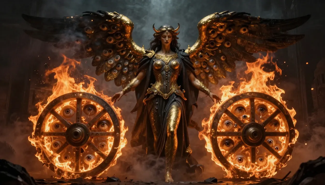 Dark fantasy style, biblically accurate angel, giant burning...