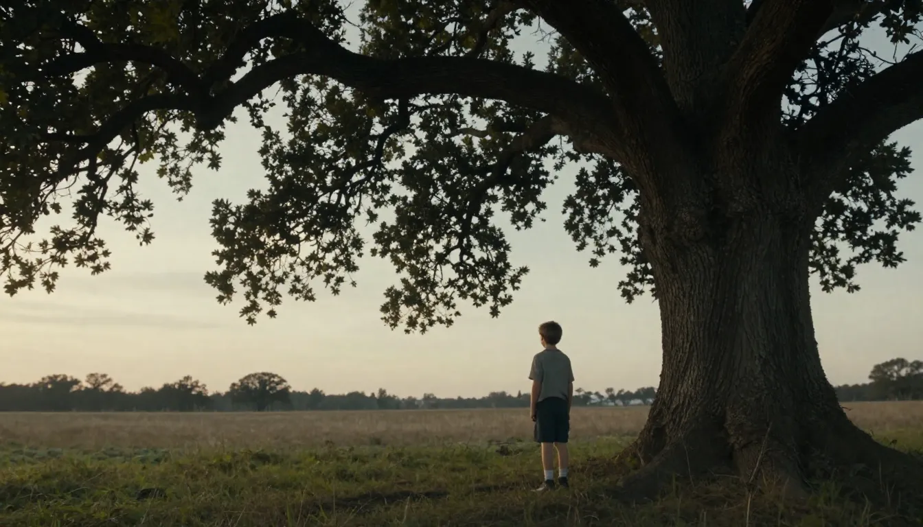 A cinematic shot of a young boy looking at a large oak tree ...