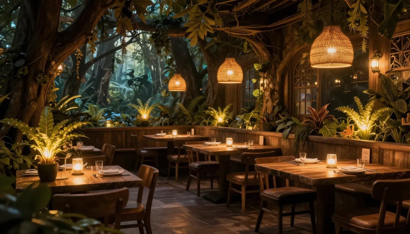 A cozy mystical restaurant interior inspired by a magical fo...
