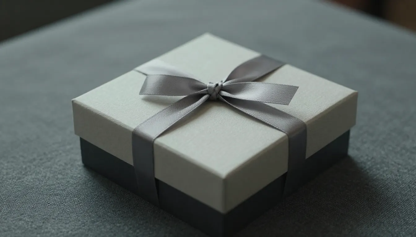 A close-up of a stylish gift box with a simple ribbon placed...