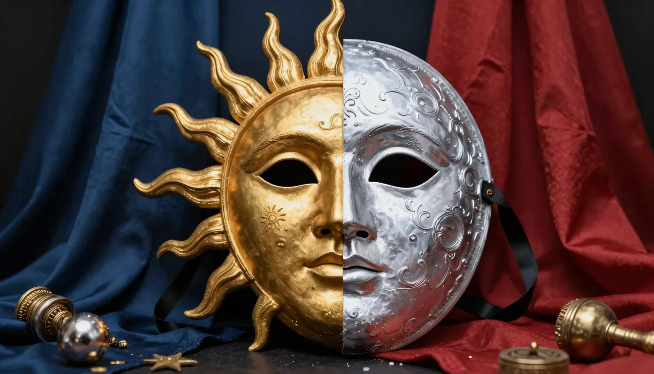 A dramatic theatrical mask split between a golden sun and a ...