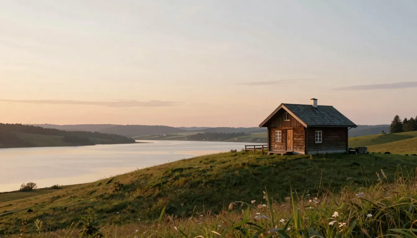 A peaceful landscape with a small wooden house on a hill dur...