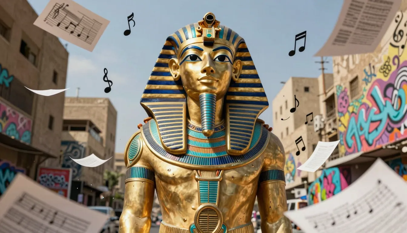 A powerful visual of a modern Pharaoh figure standing amidst...