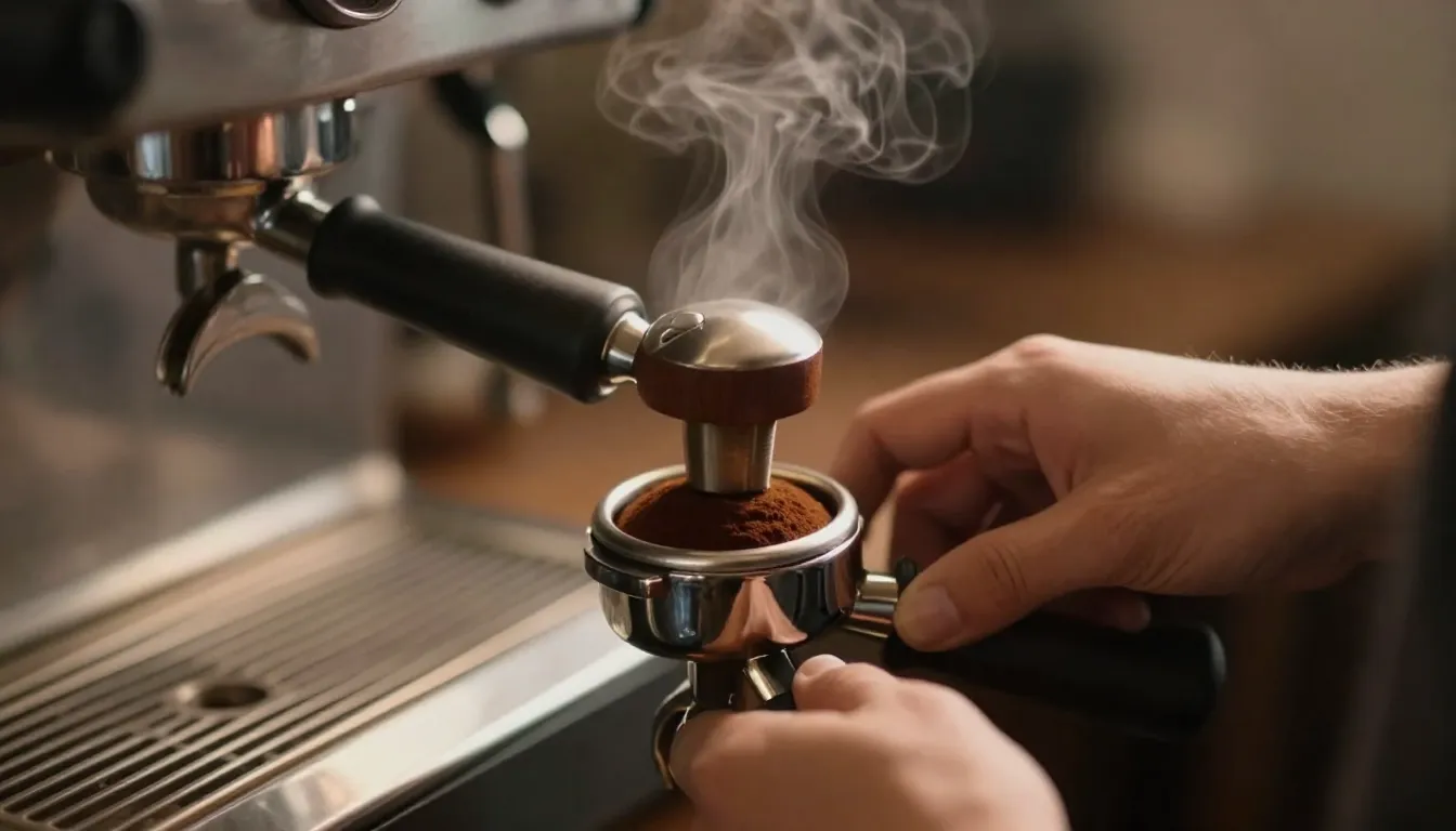 Close-up of a professional barista's hands tamping ground co...
