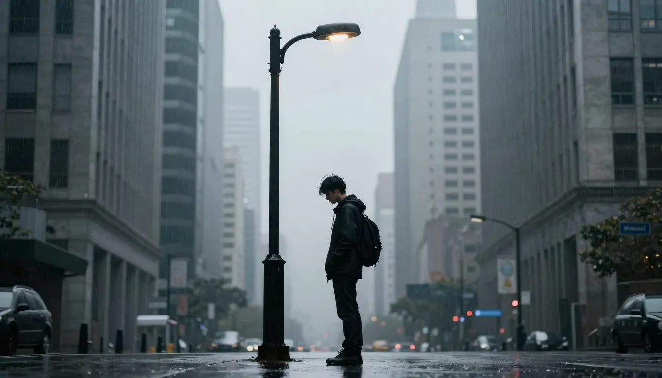 A silhouette of a young person standing under a single stree...