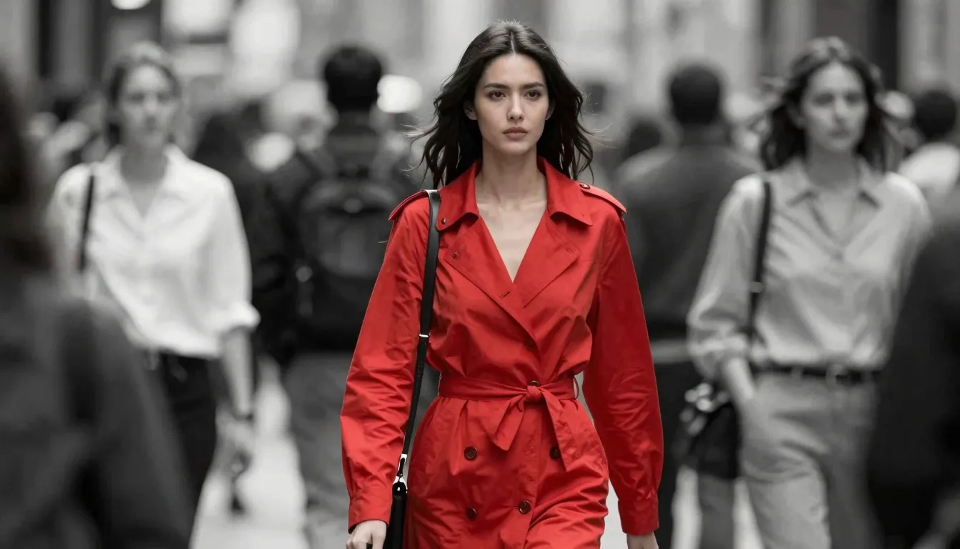 A sharp, vibrant woman walking confidently through a blurred...