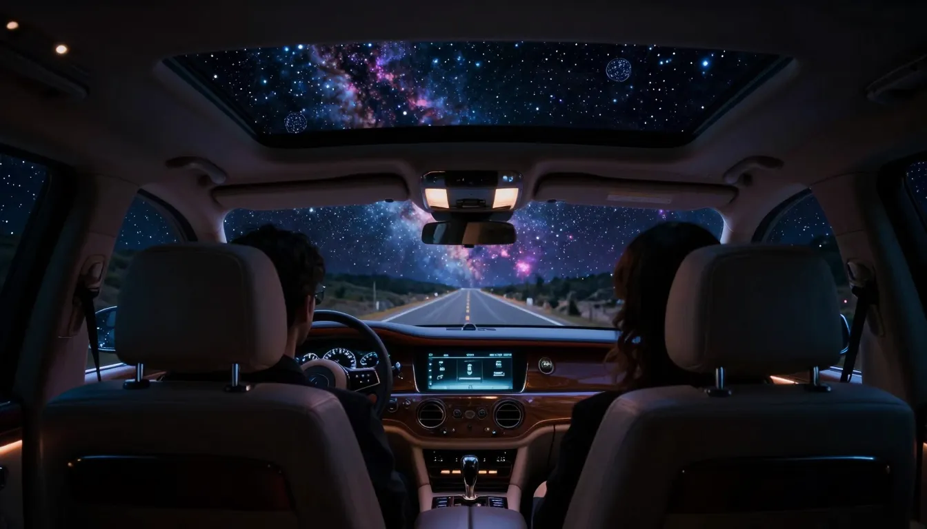 View from the back seat of a luxury car interior, looking th...