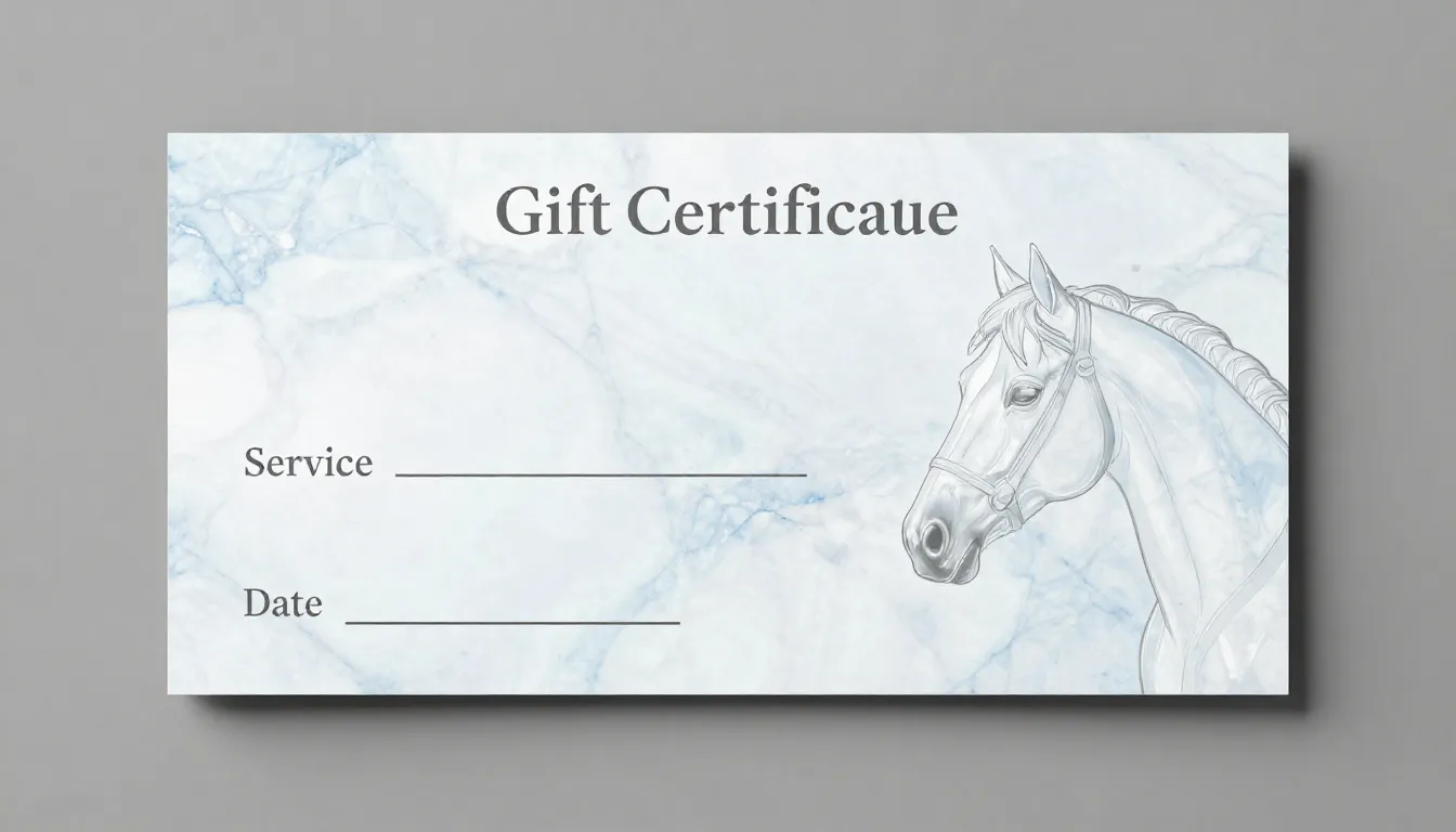 A blank gift certificate design for a horse riding club, fea...