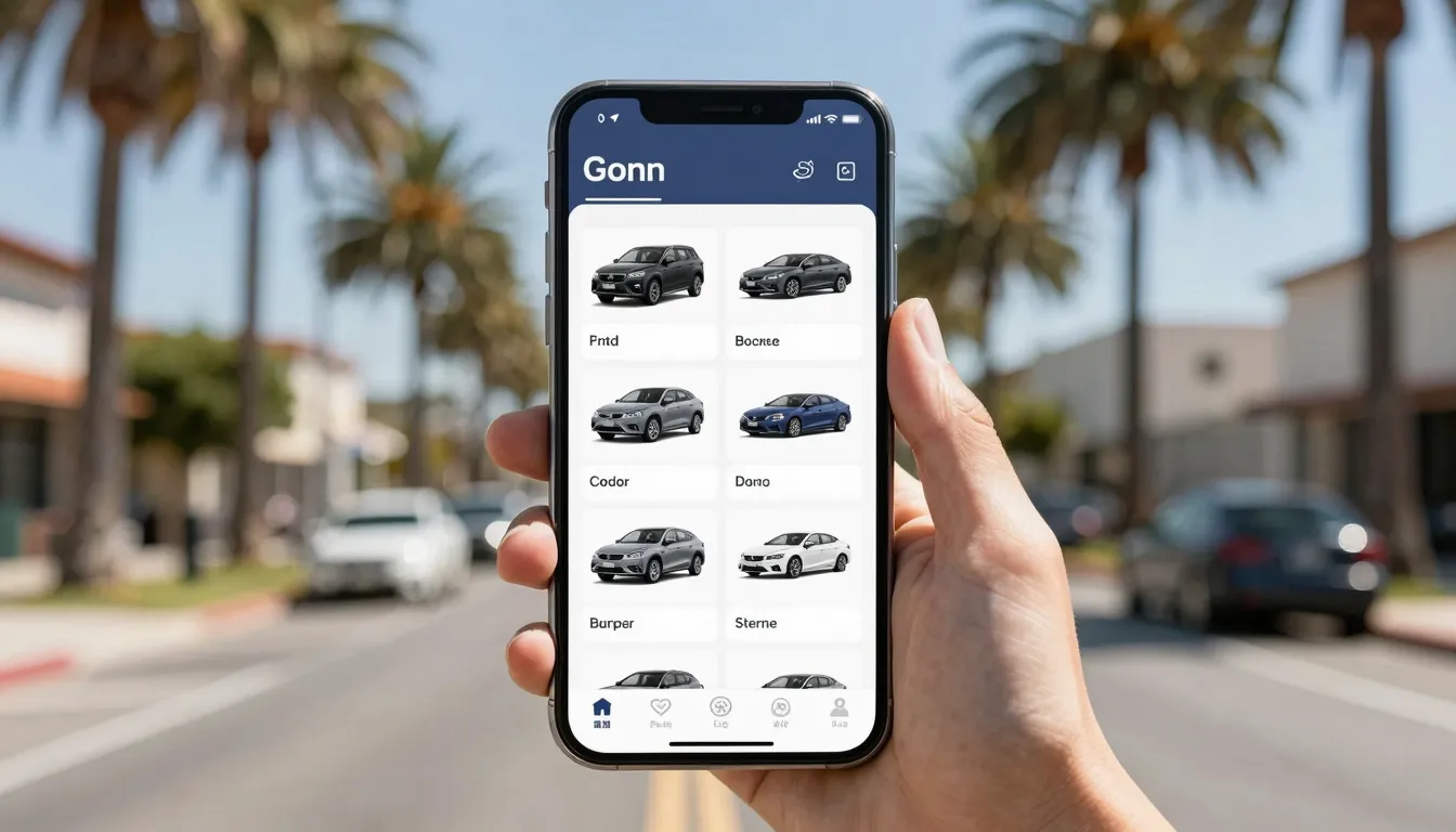 A modern smartphone displaying a car parts catalog, backgrou...