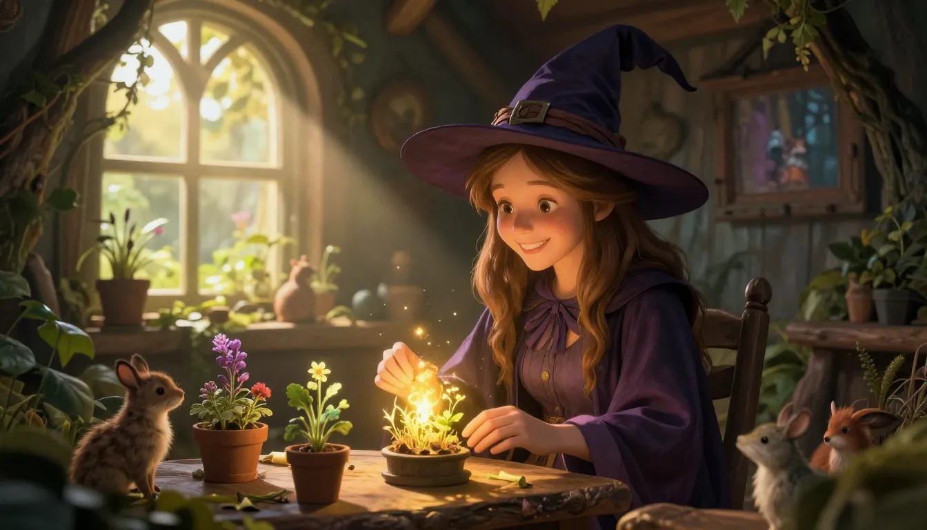 A kind and gentle witch with a warm smile, in a cozy forest ...